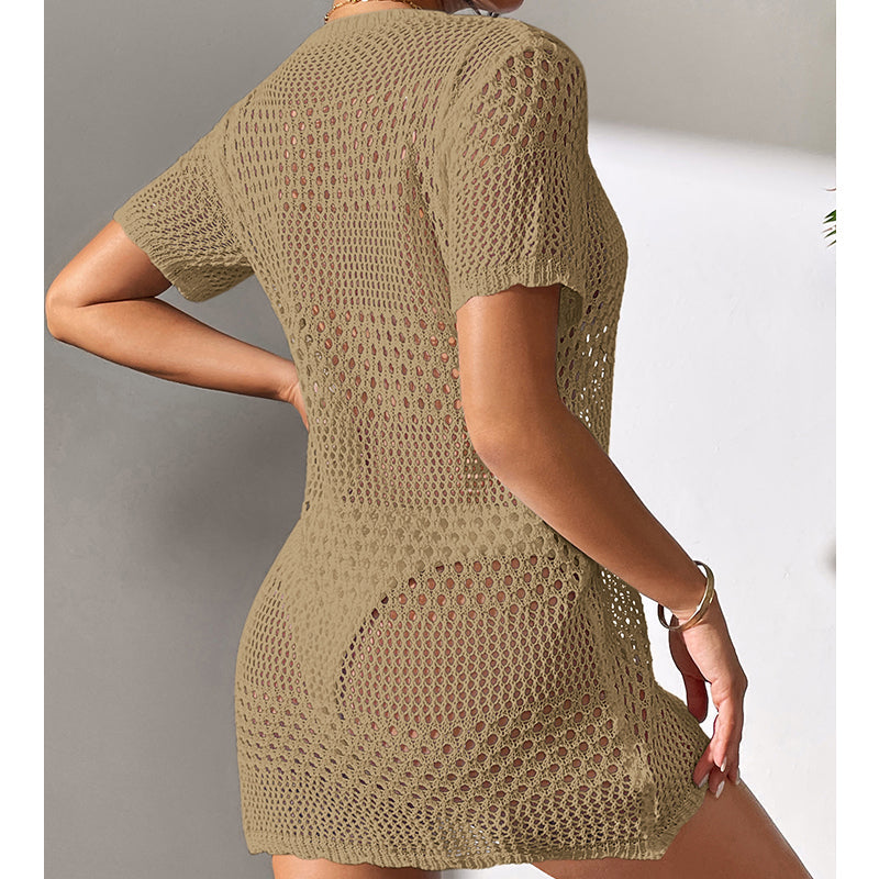 Women Clothes Sexy Cutout Short Sleeve Casual Bikini Cover Up Swimsuit Blouse Beach Sun Protection Shirt Crochet hook Bella Mia